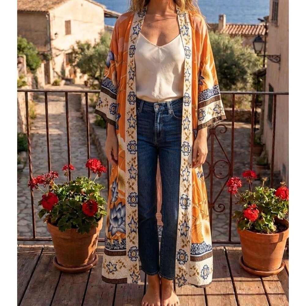 Yellow Floral Border Long Kimono
